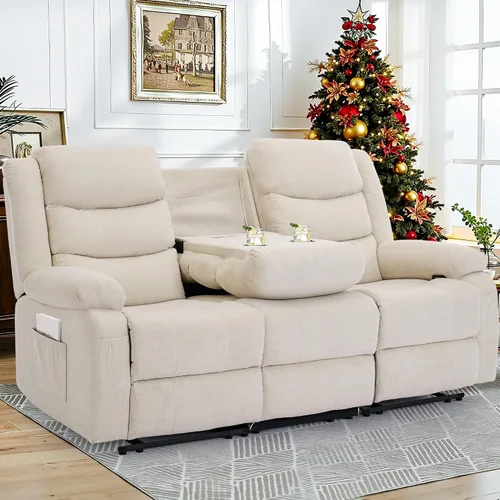 Korser Sofá reclinable, sofá biplaza reclinable con consola, sofá reclinable de gran tamaño con mesa abatible, sofá de 3 plazas con portavasos y