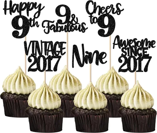 Miniatura 47 de Rsstarxi Paquete de 24 adornos para cupcakes vintage 2019 con purpurina negra para 5º cumpleaños, saludos a 5, cinco, 5, 5 fabulosos para cupcakes