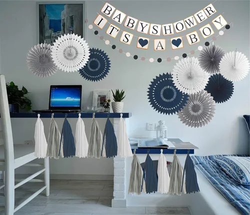 Miniatura 7 de MEANT2TOBE Decoraciones de baby shower para niño, con tema de elefante, azul, gris, blanco, juego de 14 piezas, incluye pancarta, abanicos de papel