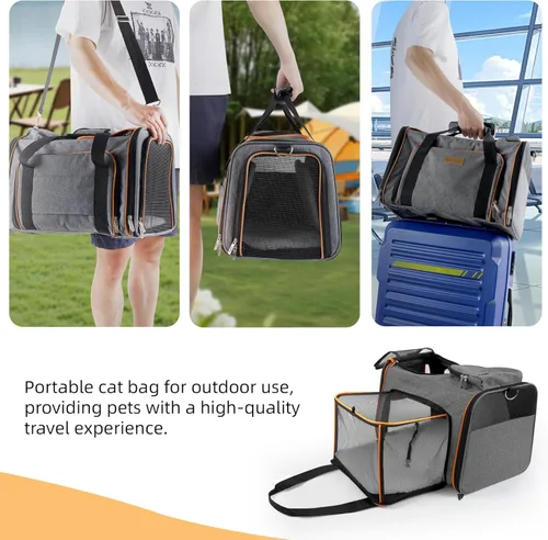 Miniatura 9 de Transportador para gatos, bolsa portátil para mascotas para gatos y perros pequeños, bolsa plegable de malla suave y a prueba de arañazos para Gris+