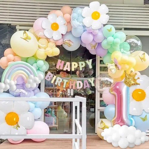 Miniatura 3 de Kit de guirnalda de globos pastel, 219 piezas, diferentes tamaños de 18, 10, 5 pulgadas, globos de arcoíris pastel y margaritas para el primer