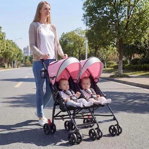 Miniatura 9 de BABY JOY Cochecito Doble con Paraguas, Cochecito de Viaje Ligero Lado a Lado para Gemelos con Gran Almacenamiento, Portavasos, Arnés de Seguridad