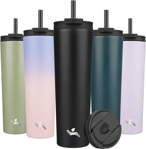 Miniatura 14 de Konokyo Vaso aislado de 18 onzas con tapa y 2 pajillas, botella de agua de acero inoxidable, taza de viaje al vacío, taza de café, color blanco ángel