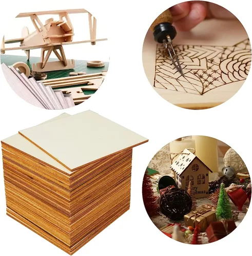 Miniatura 7 de Piezas de madera sin terminar, 50 piezas de azulejos de madera recortados de 4 x 4 pulgadas, rebanadas de madera en blanco, cuadrados de madera