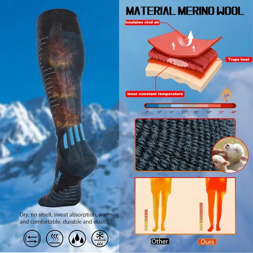 Miniatura 5 de Calcetines de esquí de lana merino para hombre y mujer, 2 pares para esquí, snowboard, térmicos hasta la rodilla, calcetines de rendimiento