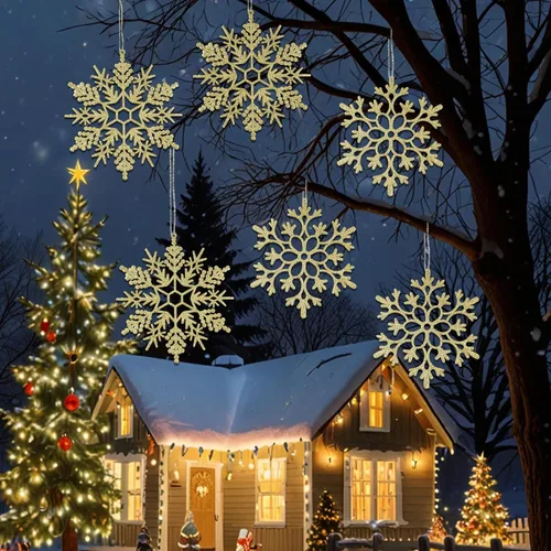 Miniatura 9 de 6 piezas de adornos grandes de copos de nieve dorados de 12 pulgadas, copos de nieve grandes de plástico con purpurina para invierno, interiores
