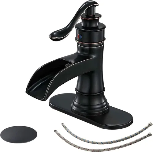 Miniatura 9 de BWE Grifo de baño en cascada negro mate con drenaje desplegable con placa de cubierta de una sola manija para tocador de 1 o 3 agujeros, grifo