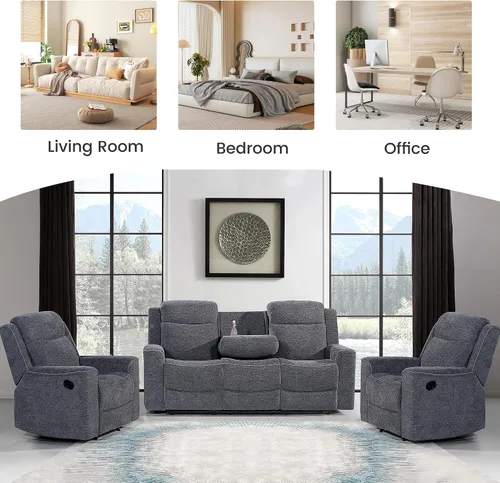 Miniatura 8 de Betsy Furniture Juego de sofá reclinable manual de microfibra suave, sofá con mesa desplegable, dos sillones reclinables, gris carbón 9111