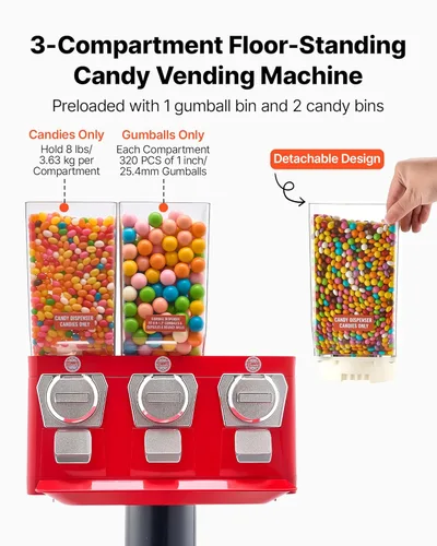 Miniatura 2 de VEVOR Máquina expendedora de dulces, máquina expendedora de dulces de triple compartimento con soporte, máquinas expendedoras de chicles y caramelos