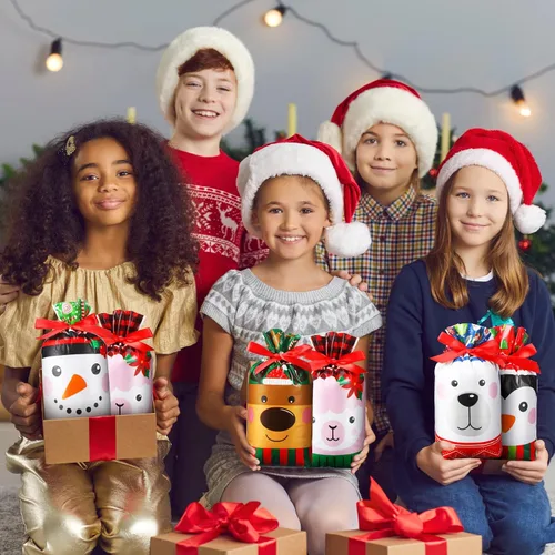 Miniatura 4 de Funrous 50 bolsas de dulces de Navidad a granel, bolsas de plástico con cordón de regalo, alce, muñeco de nieve, pingüino, bolsas de regalos