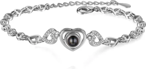 Jeweidea Custom Bracelet with Picture Inside, Personalized Projection Heart Chain Link with Photo, Memorial Gifts for Women