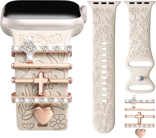 Miniatura 21 de DaQin Banda con Flor Grabada Compatible con Apple Watch, Bandas de 44mm, 42mm, 45mm, 46mm para Mujeres, Correa de Silicona Suave con Decoración