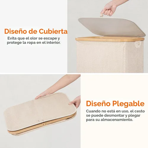 Miniatura 7 de Lifewit Cesta de lavandería de 80 litros con tapa, cestas de ropa para lavandería con asas de bambú y una bolsa de lavandería extraíble, cesta