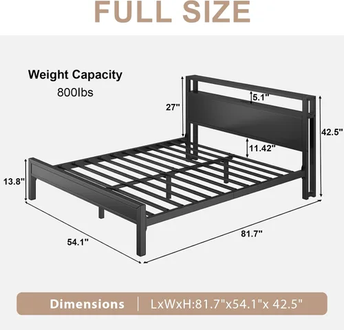 Miniatura 2 de LoVinson Full Size Bed Frame with Charging Station and LED Light, Metal Platform Bed with Storage Headboard, Noise Free, No Box Spring Needed, Easy