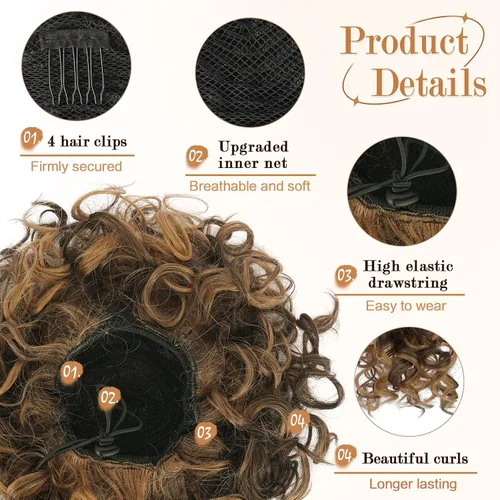 Miniatura 3 de PEACOCO Extensión de Cola de Caballo Corta y Rizada Moño Desordenado con Cordón Elástico Moño de Cabello Suelto para Mujeres con Cabello Delgado