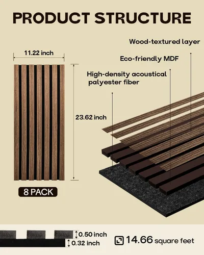 Miniatura 4 de Paneles acústicos de pared con listones de madera, 8 paneles de amortiguación de sonido de 23.62 x 11.22 pulgadas con acabado de madera natural