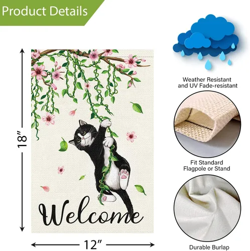 Miniatura 4 de Louise Maelys Bandera de jardín de gato negro de primavera de 12 x 18 pulgadas, doble cara, arpillera pequeña flor floral para patio, exterior