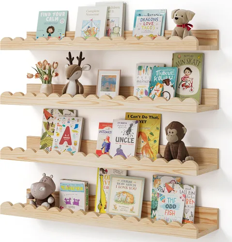 Miniatura 11 de Shario Estantes para libros de guardería, paquete de 4 estantes flotantes para pared de niños, estantes festoneados, estantes de pared