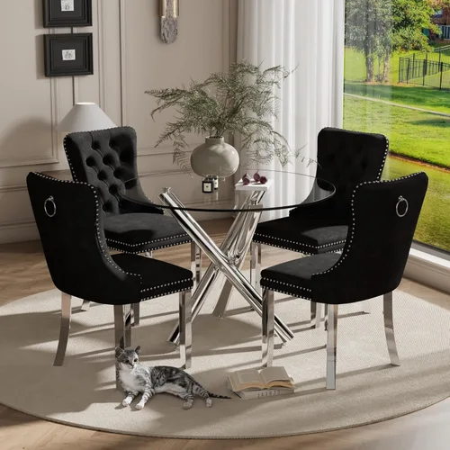 Miniatura 58 de Juego pequeño de mesa redonda con tapa de vidrio transparente para 2, 36'' Juego moderno de lujo para cenas circulares, 3 piezas Juego minimalista