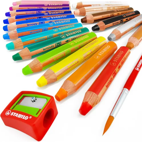 STABILO - Lápices de acuarela multimedia 3 en 1 Woody - Jumbo Easy-Grip - Paquete de 18 con sacapuntas y pincel