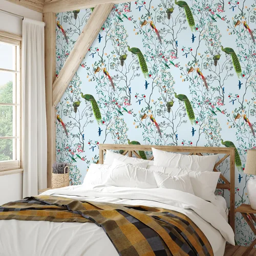 Miniatura 3 de VEELIKE Papel tapiz de pavo real azul claro para despegar y pegar, para dormitorio, sala de estar, 17.7 x 118 pulgadas, papel de pared chinoiserie