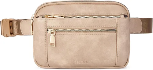 Miniatura 7 de Telena Riñoneras para mujer, bolso cruzado de cuero, bolso de cintura de moda con correa ajustable, Marrón claro