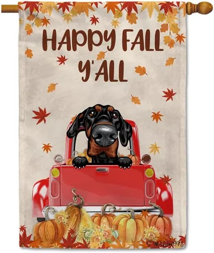 Miniatura 12 de Bandera con texto en inglés «Happy Fall Y'all» con diseño de perro inteligente con calabaza en camión rojo y hojas de arce, pancarta de otoño