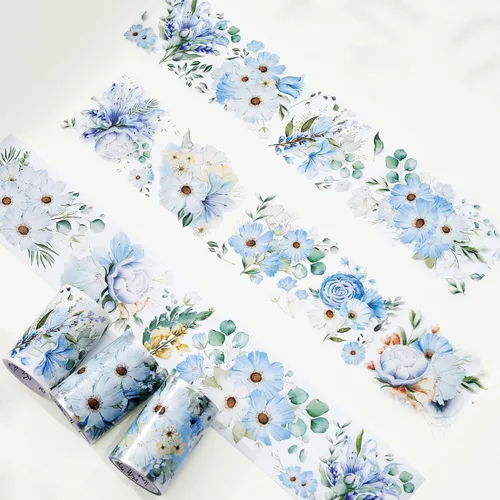 Miniatura 2 de WT Serene - Cinta ancha de PET, rollo individual, diseños originales, cinta decorativa de flores azules acuarela, cinta adhesiva transparente WT
