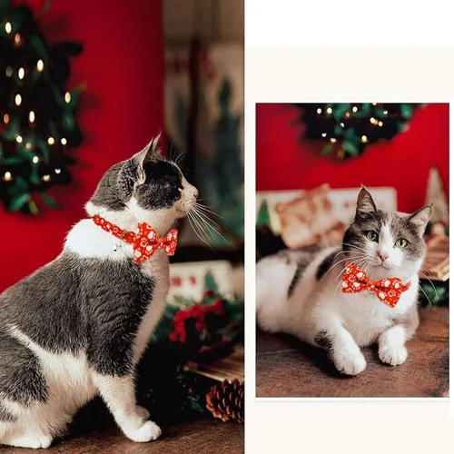 Miniatura 4 de Paquete de 2 collares de gato de Papá Noel de Navidad con patas de invierno y copo de nieve con pajarita y campana, lindo collar de gatito navideño