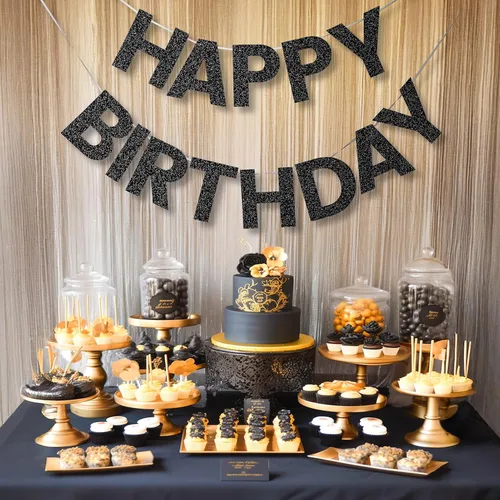 Miniatura 8 de Pancarta de Feliz Cumpleaños con Purpurina Negra - 9 pies Pre-Ensartada Sin Bricolaje Cartel de Fondo para Fiestas, Adultos, Niños, Mujeres