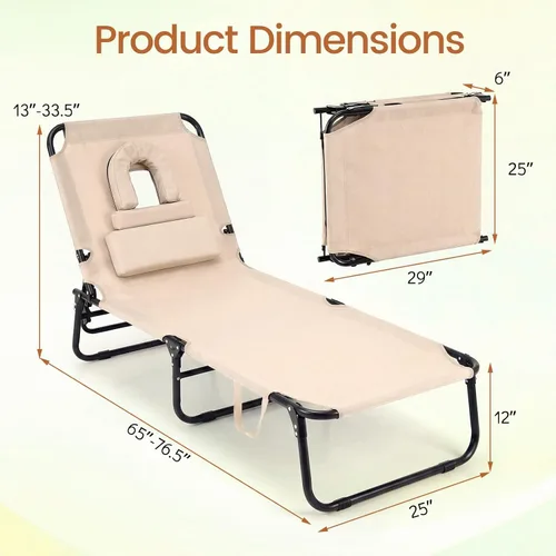 Miniatura 3 de Giantex Silla bronceadora, silla de patio ajustable con orificio para la cara, almohadas extraíbles, correa de transporte, silla de diseño, silla