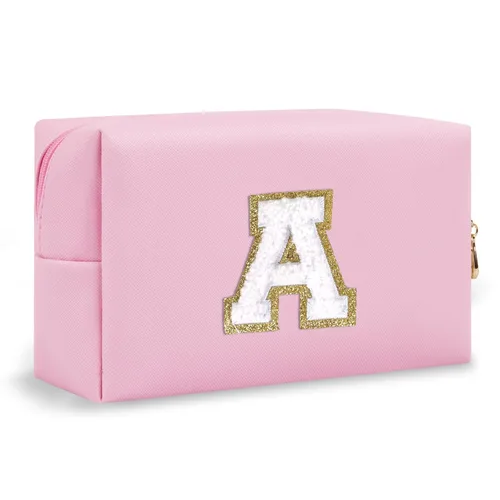 Miniatura 301 de Pequeña bolsa de maquillaje personalizada con inicial A-Z Preppy Patch, bolsa de cosméticos de viaje de felpilla blanca con cremallera, bonita bolsa
