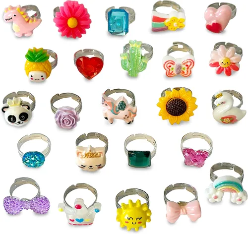 Anillos de joyería para niños, juego de 24 anillos ajustables para niñas, joyería de juego de simulación para niñas pequeñas en caja de regalo roja,
