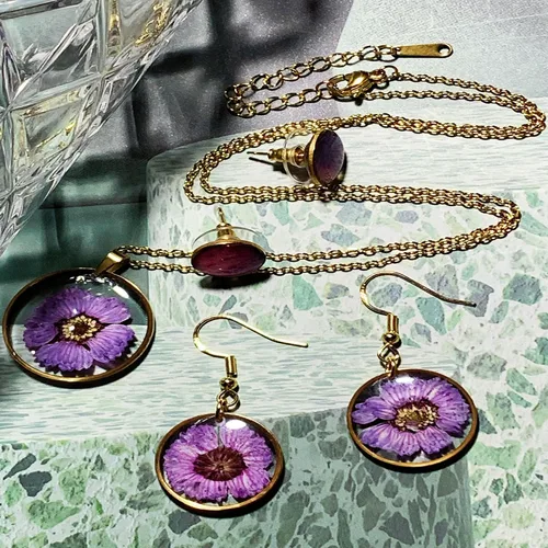 Miniatura 3 de FLOWER LEGEND Juego de aretes de plata esterlina 3 en 1 joyería de flores prensadas aretes de resina joyería de disfraz aretes colgantes