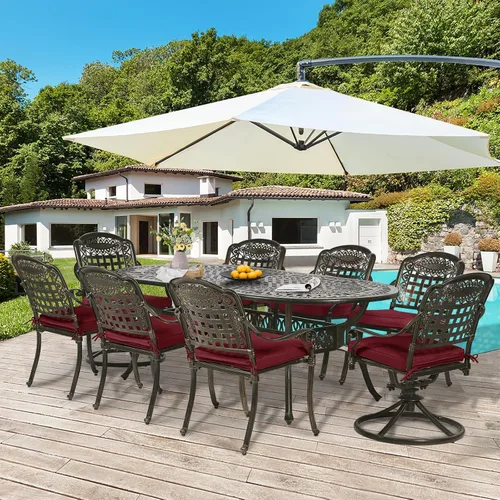Miniatura 7 de Juego de comedor de patio de 9 piezas, mesa y sillas de patio al aire libre, mesa de comedor ovalada de aluminio fundido de 84 pulgadas con agujero
