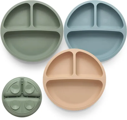 Eascrozn Platos para niños pequeños, 3 unidades, placas de succión divididas para bebé, 100% silicona de grado alimenticio, antideslizantes,