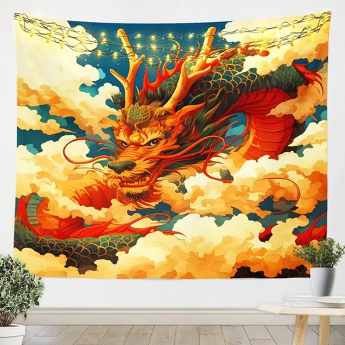 Miniatura 7 de Erosebridal Arte de pared de dragón oriental para colgar en la pared, estilo japonés, montaña, mar, océano, decoración de pared, tapiz impreso