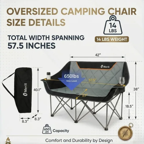 Miniatura 3 de EMERIT Silla de Camping de Tamaño Grande con Capacidad de 650 Libras - Sofá Biplaza Plegable de Servicio Pesado para Camping con Asiento Profundo