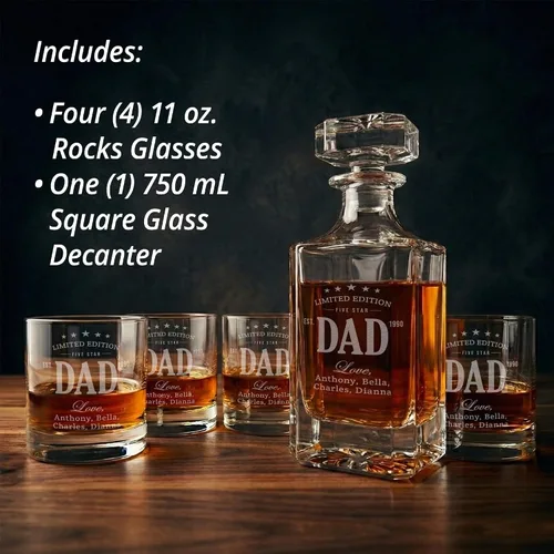 Miniatura 5 de Juego de decantador de whisky personalizado con vasos para papá, juegos de decantadores de bourbon personalizados, 4 diseños, vasos de whisky