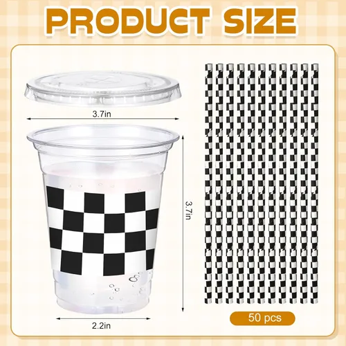 Miniatura 2 de Sliner 50 juegos de vasos de plástico a cuadros de 16 onzas con tapas y pajitas de papel, vasos desechables transparentes para fiesta de autos