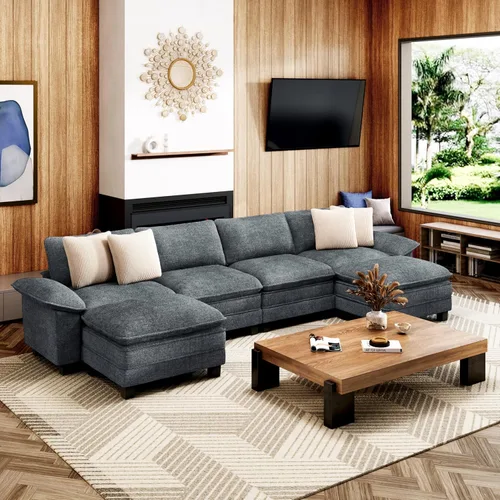 Miniatura 31 de MIXPATIO Sofá modular en forma de L de 123 pulgadas con cojines de nube, juego de sofá modular de asiento profundo con 4 asientos y 1 otomana, Gris
