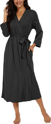 Miniatura 3 de VINTATRE Bata tipo kimono para mujer, bata larga de punto, ligera, suave, ropa de dormir con cuello en V, casual, ropa de descanso para mujer