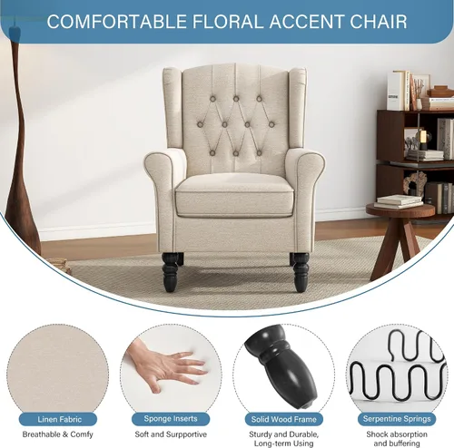 Miniatura 5 de Silla decorativa de respaldo alto, sillón tapizado de tela, silla con respaldo alado para sala de estar, cómodo sofá individual, asiento de lectura
