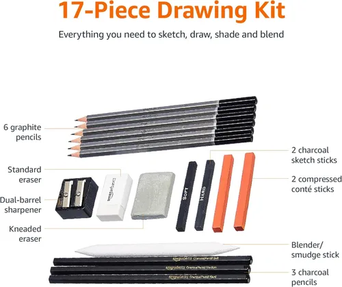 Miniatura 2 de Amazon Basics Kit de lápices de boceto y dibujo artístico, suministros para artistas con lápices, gomas de borrar, sacapuntas, carboncillo, negro