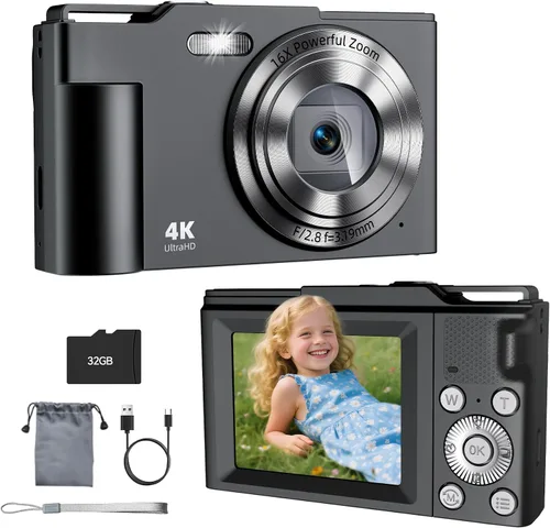 Cámara digital, FHD 4K Cámara digital de apuntar y disparar con zoom de 16X antivibración, cámara pequeña compacta de 48 MP con tarjeta de 32 GB