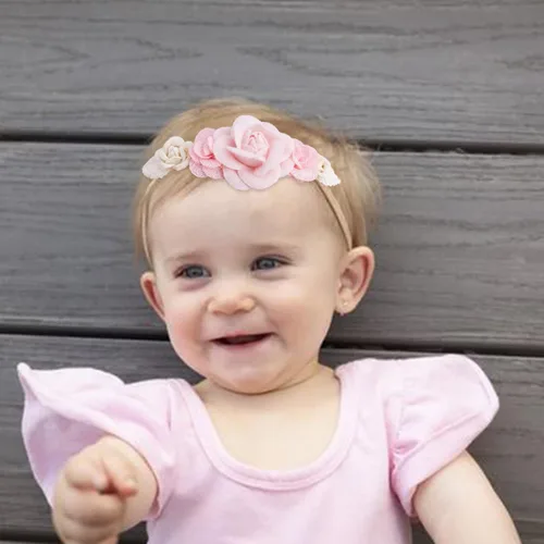 Miniatura 4 de Diademas de flores de nailon para bebé niña, con moños de flores, accesorios elásticos para el cabello, corona, envolturas florales hechas a mano