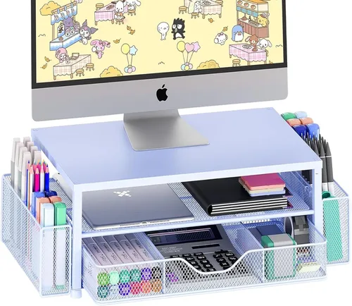 Miniatura 22 de OPNICE - Organizadores y accesorios de escritorio, con soporte de monitor de computadora de 2 niveles, cajón y 2 soportes para bolígrafos, Roble