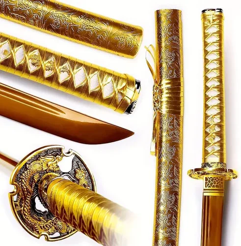Miniatura 3 de Katana de dragón de oro hecha a mano de acero de alto carbono, espada samurái japonesa de espiga completa, espada realmente afilada lista
