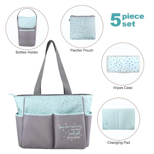 Miniatura 5 de Baby Essentials Juego de 5 bolsas para pañales con sol, luna y estrellas, bolsillo para toallitas, bolsa para pañales sucios, cambiador Gris/ agua