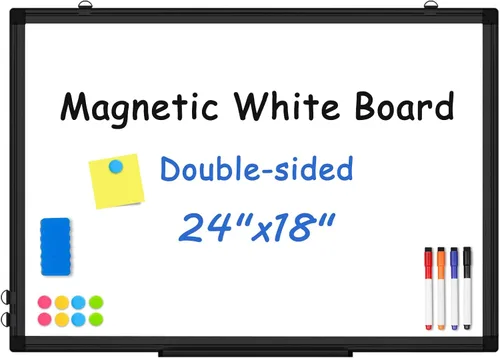 Pizarra blanca de doble cara, marco de aluminio negro, pizarra magnética de borrado en seco de 24 x 18 pulgadas para pared, pizarra blanca montada